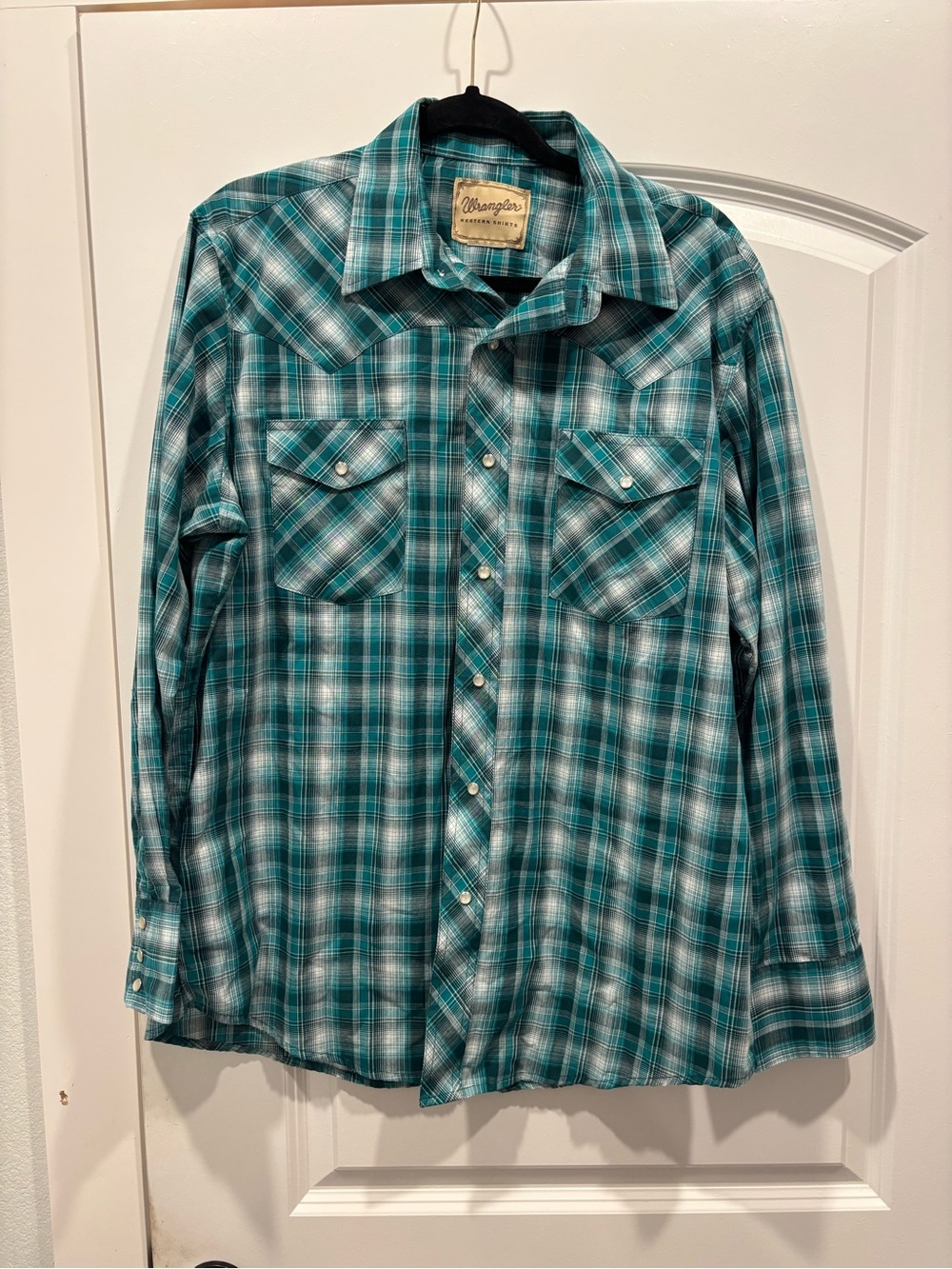 Wrangler Teal & White Plaid Western Shirt with Chest Pockets